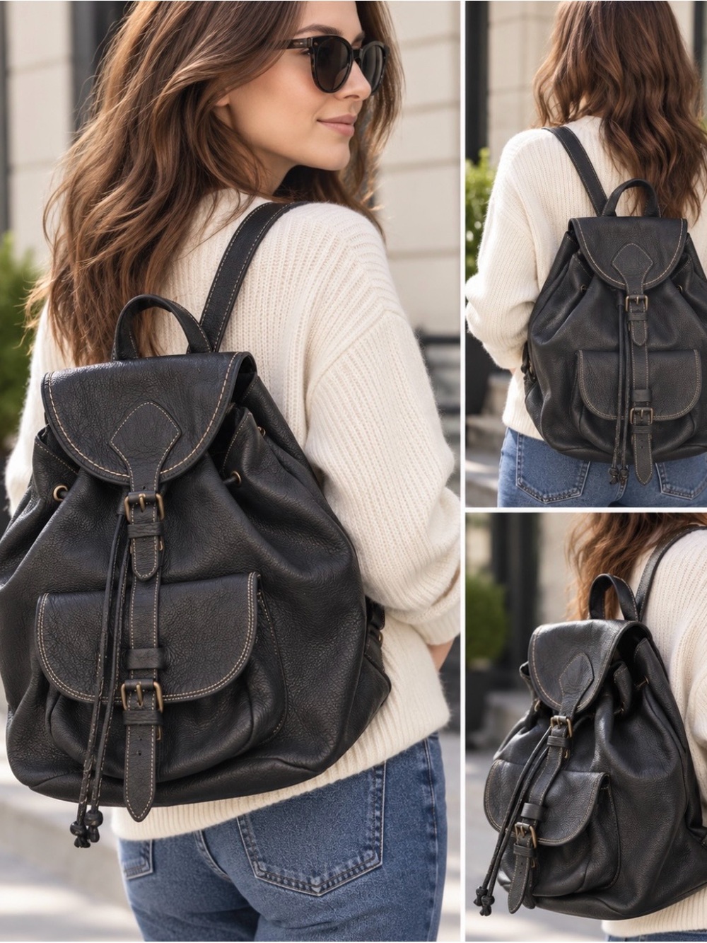 Roots Black Leather Drawstring Backpack heavy leather 30vs30cm